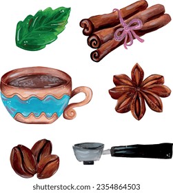 cafetera, taza de café, semilla y canela, pintada a mano con gouache