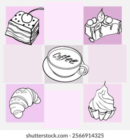 A coffee set of a cup of coffee and various desserts for it on multi-colored rectangles. Menu design. logotype. poster. Vector illustration.