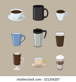 Coffee set cups of different kinds of coffee on light background.