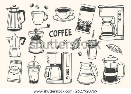 Coffee set with cups, coffee makers, grinders and beans. Coffee theme with different elements. Aesthetic hand drawn sketch illustration.