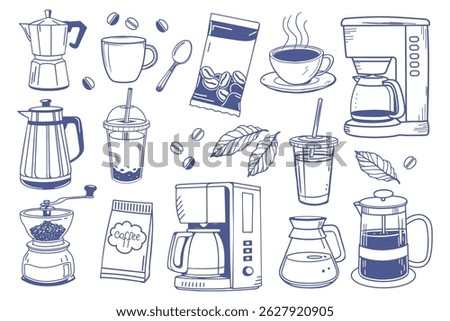 Coffee set with cups, coffee makers, grinders and beans. Coffee theme with different elements. Aesthetic hand drawn sketch illustration.