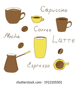 Kaffee-Set, Tassen, Becher, Papiertasse, Kaffeekanne und Kaffeebohnen, Vektorgrafik, Schrift, handgezeichnet, gelb und braun
