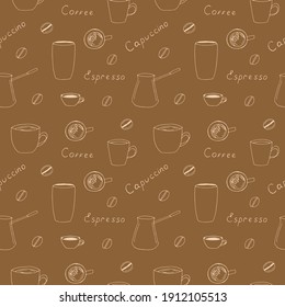 Coffee set, cups, mug, paper cup, coffee pot and coffee beans, vector doodle illustration, lettering, sketch, brown and white