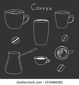 Coffee set, cups, mug, paper cup, coffee pot and coffee beans, vector doodle illustration, lettering, sketch, dark background