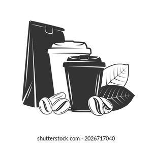 Coffee set from cups, packaging and coffee beans isolated on white background. Vector illustration