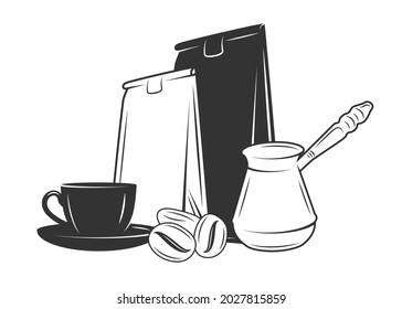 Coffee set from cups, packaging turks and coffee beans isolated on white background. Vector illustration svg