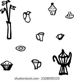Coffee set, cups, coffee pot, flower vase, donut, cupcake.