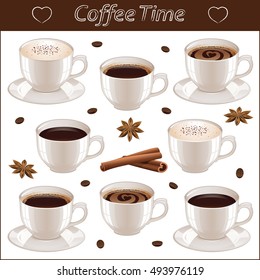 Coffee set with different coffee cups, coffee beans, stars anise and sticks of cinnamon isolated on white background. Vector illustration.