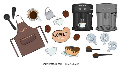 Coffee set of different tools for barista, cafe and home use. Vector illustration.