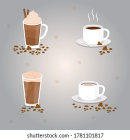 Coffee set. Different type of coffee.  Coffee menu vector illustration. Vector illustration