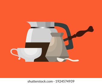 Coffee set of dishes from a coffee pot and a cup. Vector illustration. 