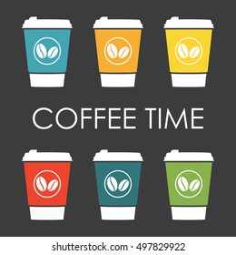 Coffee set with disposable cup of coffee icon. Vector illustration.