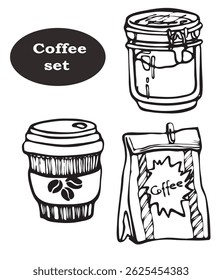 Coffee set of drawn vector doodles,  coffee object collection, jar, pocket, to go, simple doodles line art