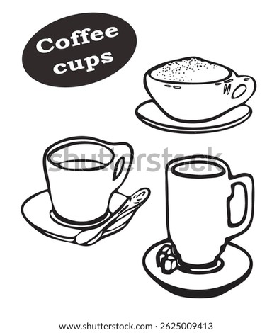 Coffee set of drawn vector doodles, bar utencils, coffeecup set, line art doodles, cup with spoon