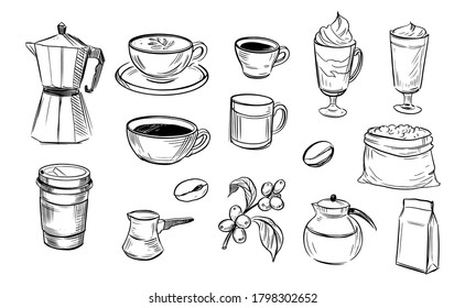 Coffee set. Coffee drink. Doodle illustration. Vector