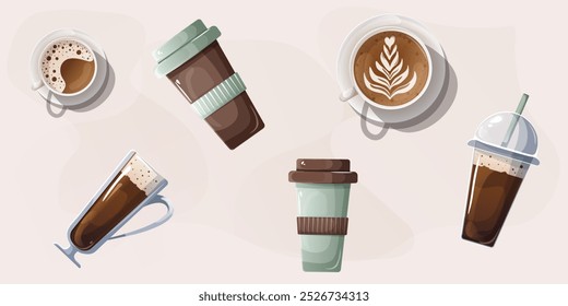 Coffee set of eco paper cups, plastic cup, glass cup and white ceramic cups. The colors used are beige, green, brown and white. set is good for use in design, advertising, stories, posts, brochures.