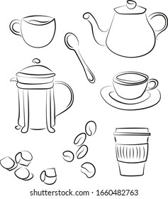 Coffee set elegant doodle line art set vector illustration