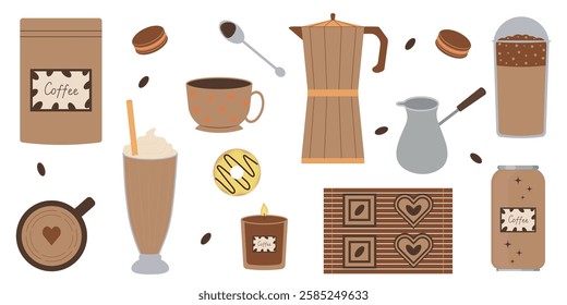 Coffee. A set of elements for making coffee with desserts. Vector illustration, EPS 10.	