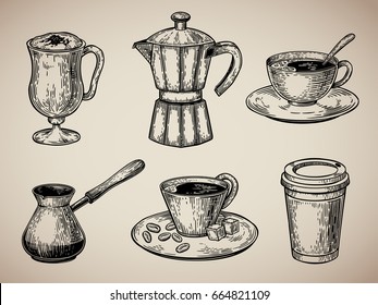 Coffee set engraving. Latte, Turk, coffee pot, cup with coffee, cardboard sketch style. Vector illustration EPS 10.
