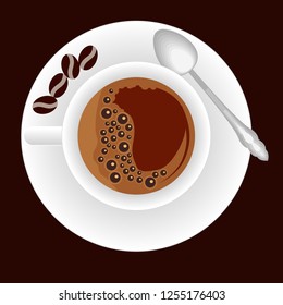 Coffee set. Espresso coffee cup, plate and spoon, coffee beans. Vector illustration