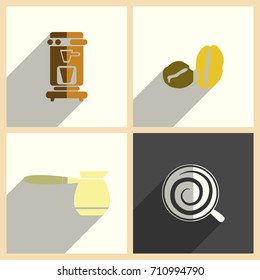 Coffee set of flat icons with shadow. Simple vector illustration