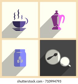 Coffee set of flat icons with shadow. Simple vector illustration