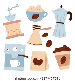 Coffee set in flat style. Hand drawn collection of elements for making coffee. vector illustration. coffee break. .