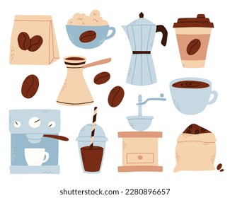 Coffee set in flat style. Hand drawn collection of elements for making coffee. vector illustration. coffee break. .