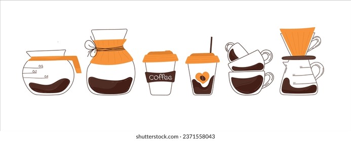 Coffee set. Flat style, lettering. Paper coffee cups, glass coffee carafe , chemex and coffee cups. Warm shades of brown. For postcards, prints, invited.