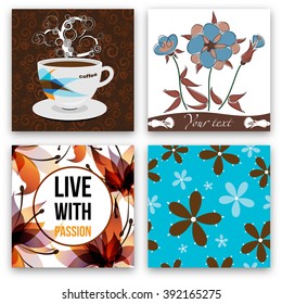Coffee set with flowers. Template for design cards, notebook, shop, poster and package design.
