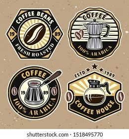 Coffee set of four colored vector badges, emblems, labels or logos on background with removable textures