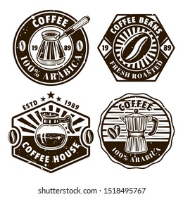 Coffee set of four vector emblems, badges, labels or logos in vintage monochrome style isolated on white background