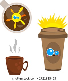 juego de café divertidos personajes de dibujos animados con sonrisas lindas y ojos azules sol naranja brillante y el concepto de vapor gris popular tonificante objeto de bebida sobre un fondo blanco