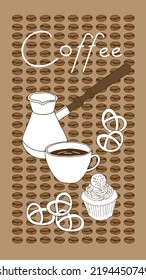 coffee set gezva, coffee maker, cup, cake on a background of coffee beans