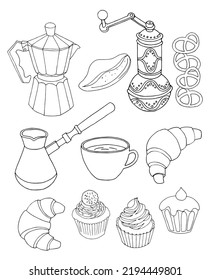 coffee set gezva, coffee maker, coffee grinder, cup, croissants, cake on a background of coffee beans