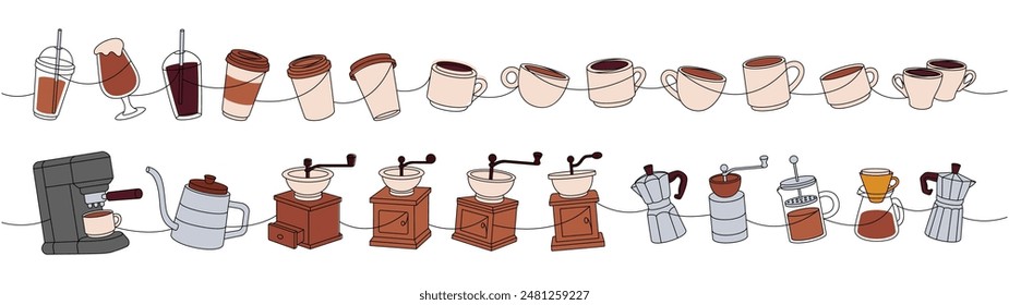 Coffee set. Gooseneck kettle, grinder, Italian coffee maker, cups, portafilter, Turkish pot, French press continuous one line colored illustration.