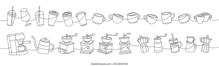 Coffee set. Gooseneck kettle, grinder, Italian coffee maker, cups, portafilter, Turkish pot, French press continuous one line illustration.