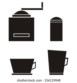 coffee set, grinder, box, mug and coffee pot, black vector icons, 