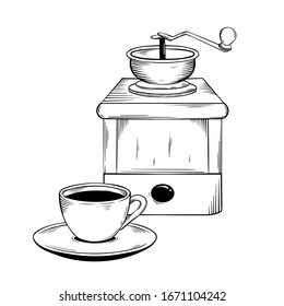 Kaffeeset, Becher und Becher für Kaffee, Tintenfisch, handgezeichnete Vektorillustration-Illustration im Grafikstil oder Skizzenstil.