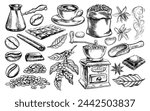 Coffee set coffee grinder, coffee maker, cup and grains. Vector graphic black and white hand-drawn illustration. For printing, menus, postcards and packages. For banners, flyers and posters.