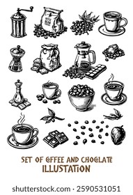 Coffee set coffee grinder, coffee maker, cup and grains. Vector graphic black and white hand-drawn illustration. For printing, menus, postcards and packages. For banners, flyers and posters.