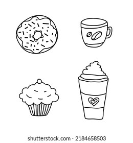 Coffee set hand draw elements mug, cup of tea or coffee and cake, donut isolated on white background