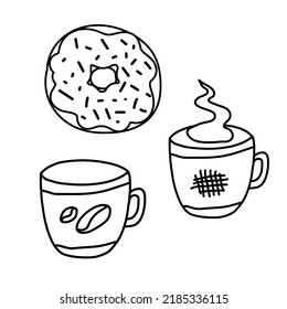 Coffee set hand draw elements mug, cup of tea or coffee and cake, donut isolated on white background