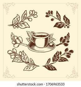 Coffee set hand drawing vintage style Premium Vector element