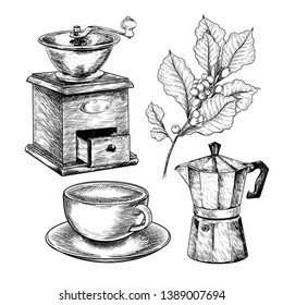 Coffee set. Hand drawn coffee set. Ancient grinder, geyser or moca, cup and branch. Vector engraved icon. Morning fresh drink. For restaurant and cafe menu, coffee shop flyer, banner design template.