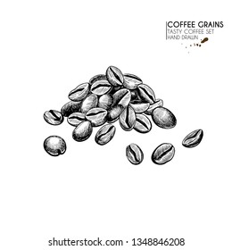 Coffee set. Hand drawn coffee bean pile. Freshly roasted or raw grain heap. Vector engraved icon. Morning fresh drink. For restaurant and cafe menu, coffee shop flyer, banner design template.