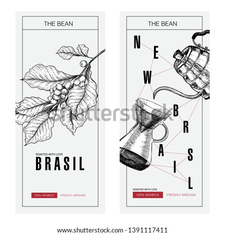 Coffee set. Hand drawn branch, pour over and coffe kettle. Alternative brewing method. Vector engraved icon. Packaging design in brutalism. Label template, brand identity, coffee shop, restaurant menu
