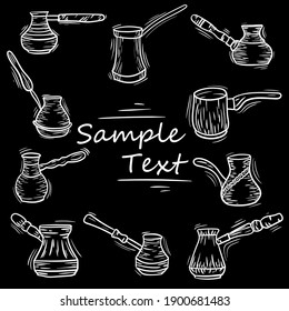 Coffee set. Hand drawn coffee cezve, turkish pot, anchient equipment for espresso. Vector engraved icon. Morning fresh drink. For restaurant and cafe menu, coffee shop flyer, banner design template.