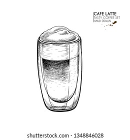 Coffee set. Hand drawn coffee cup. Mug of cappuccino or late with milk foam. Vector engraved icon. Morning fresh drink. For restaurant and cafe menu, coffee shop flyer, banner design template.