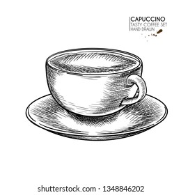 Coffee set. Hand drawn coffee cup. Mug of cappuccino or late with milk foam. Vector engraved icon. Morning fresh drink. For restaurant and cafe menu, coffee shop flyer, banner design template.